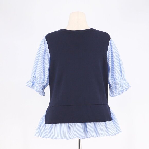 Anthropologie Layered Poplin-Sleeve Sweater Navy Stripe Size XL - Picture 5 of 7